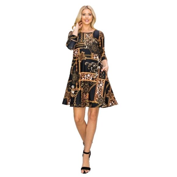 Yelete Womens Dress XL NWT Chain Link Printed A-line Old Money Luxury Maximalist - Picture 1 of 16